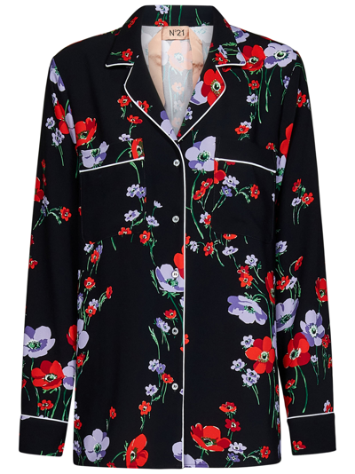 N°21 Floral-print Notched-collar Shirt In Black