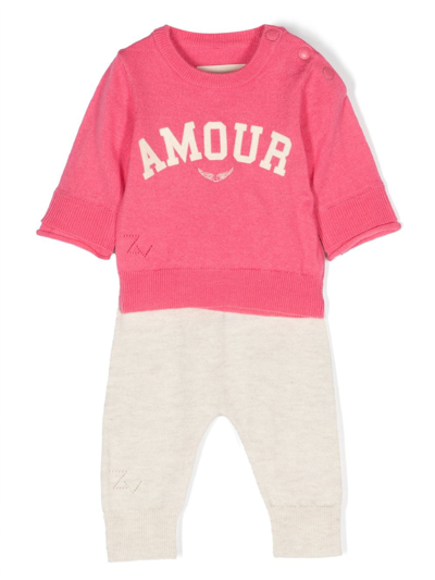 Zadig & Voltaire Babies' Amour-print Knitted Trouser Set In Pink