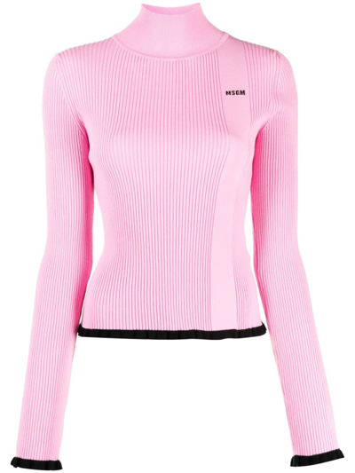 Msgm Intarsia-knit Logo Ribbed Knit Jumper In Pink