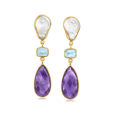 Ross-simons 9x14mm Cultured Baroque Pearl And Amethyst Drop Earrings With Sky Blue Topaz In 18kt Gold Over Sterl In Purple