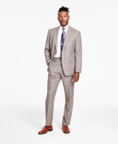 Tayion Collection Mens Classic Fit Windowpane Suit In Brown Plaid