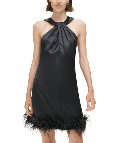 Eliza J Women's Twist-neck Feather-trim Shift Dress In Black
