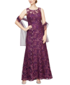 ALEX EVENINGS SEQUIN LACE LONG DRESS WITH CHIFFON SHAWL