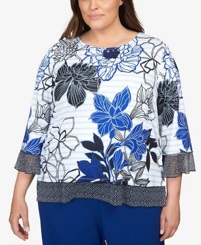 Alfred Dunner Petite Downtown Vibe Geo Trim Floral Stripe Top In Multi