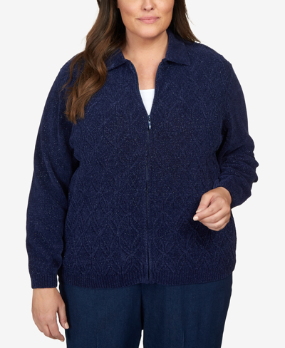 Alfred Dunner Plus Size Classics Chenille Zip Front Cardigan Sweater In Navy