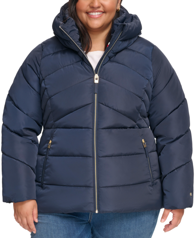 Tommy Hilfiger Women's Plus Size Hooded Puffer Coat In Navy