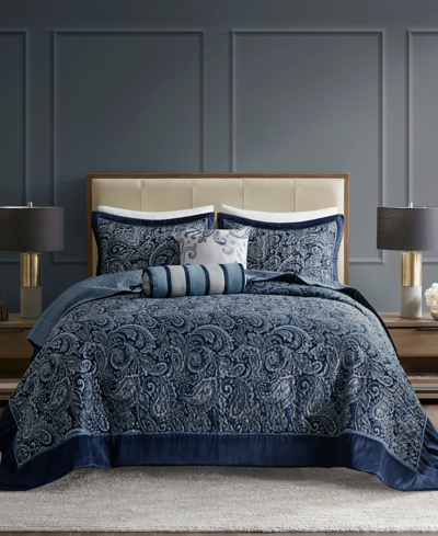 Madison Park Adeline Paisley 5 Piece Reversible Jacquard Bedspread Set, King In Navy