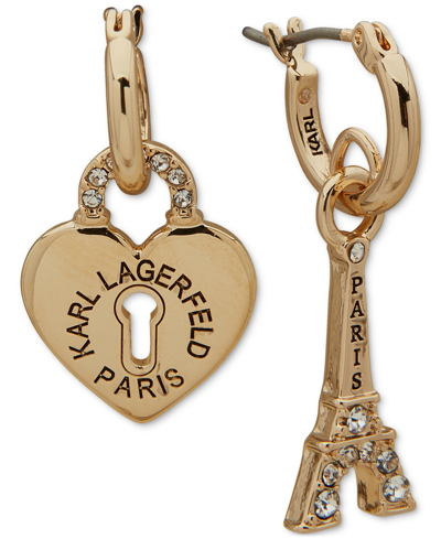 Karl Lagerfeld Gold-tone Pave Heart Padlock & Eiffel Towel Mismatch Charm Hoop Earrings In White