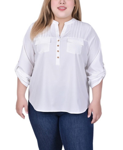 Ny Collection Plus Size Long Tab Sleeve Blouse With Pockets In Ivory