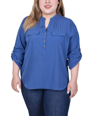 Ny Collection Plus Size Long Tab Sleeve Blouse With Pockets In True Navy