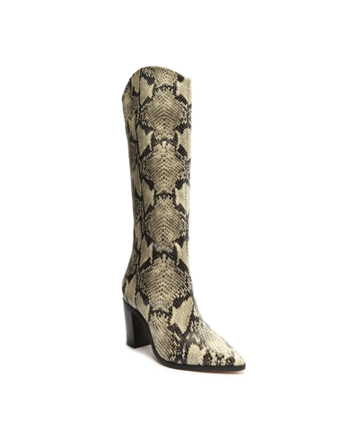 Schutz Maryana Block Heel Boots Womens Crocodile Pull On Knee-high Boots In Natural Snake