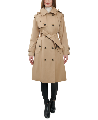 London Fog Women's 42" Double-breasted Hooded Trench Coat In British Khaki
