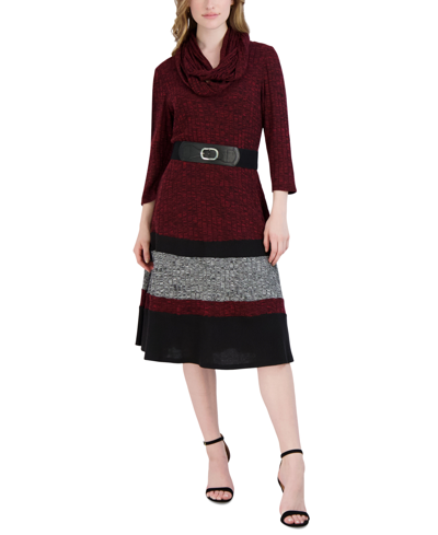 Robbie Bee Petite Belted Colorblocked Ribbed-knit Dress In Red Black