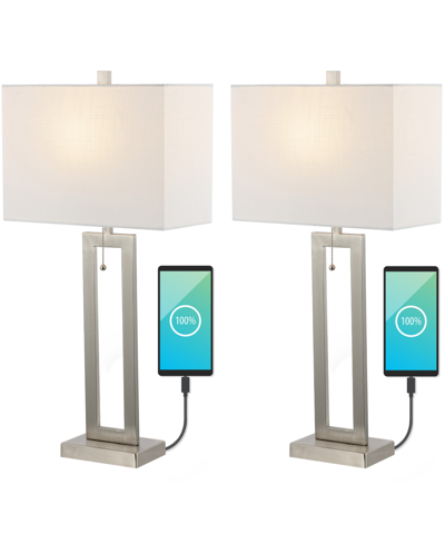 Jonathan Y Sabrina 28.5" Vintage-inspired Industrial Iron Led Table Lamp With Pull-chain And Usb Charging Port, In Nickel