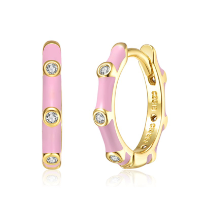 Rachel Glauber 14k Gold Plated With Diamond Cubic Zirconia Pink Enamel Bamboo Hoop Earrings