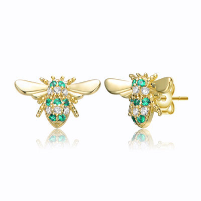 Genevive Gv Sterling Silver 14k Yellow Gold Plated With Emerald Or Yellow Cubic Zirconia Pave Wasp Stud Earri In Green