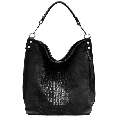 Sostter Black Croc Suede Leather Hobo Shoulder Bag | Bxyre