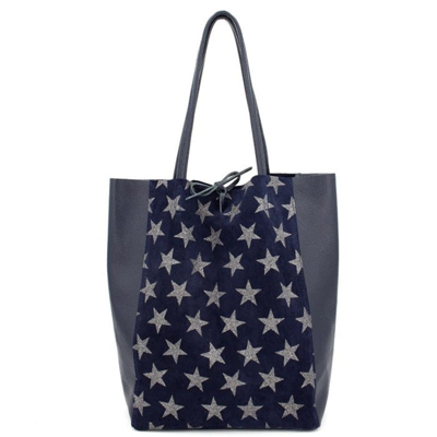 Sostter Navy Star Print Suede Leather Tote | Byall In Blue