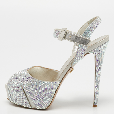 Pre-owned Le Silla Silver Crystal Embellished Cross Strap Platform Ankle Strap Sandals Size 37