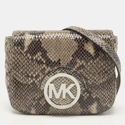 Pre-owned Michael Michael Kors Black/beige Python Embossed Leather Fulton Flap Crossbody Bag