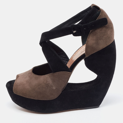 Pre-owned Alaïa Brown And Black Suede Wedge Platform Ankle Strap Sandals Size 39