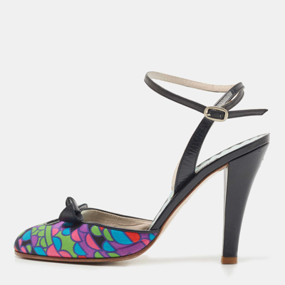 Pre-owned Marc Jacobs Multicolor Printed Satin And Leather Ankle Strap Sandals Size 37.5