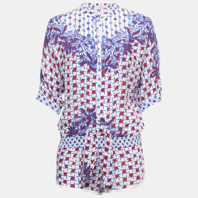 Pre-owned Poupette St Barth White/blue Printed Button Front Playsuit S