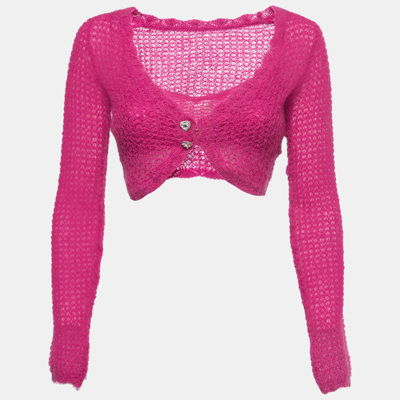 Pre-owned Nana Jacqueline Hot Pink Crochet Knit Cropped Top And Cardigan Set S