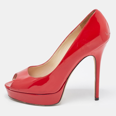Pre-owned Jimmy Choo Red Patent Leather Peep Toe Crown Pumps Size 38