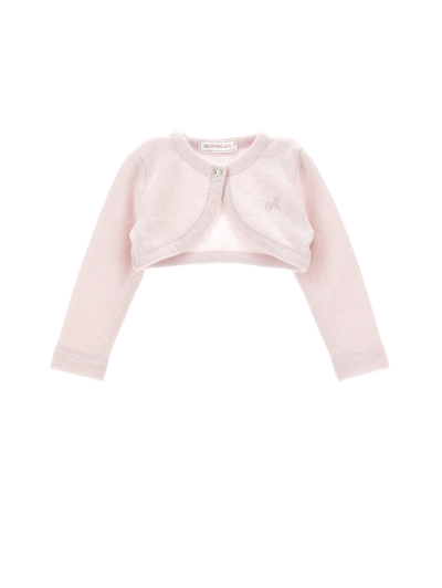 Monnalisa Kids'   Merino Lurex Wraparound Cardigan In Antique Rose + Silver