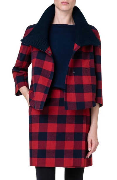 Akris Punto Knit-collar Wool-cotton Tweed Jacket In Crimson Navy