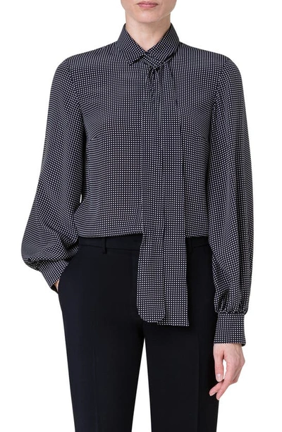 Akris Punto Pin Dot Tie Neck Silk Blouse In Black