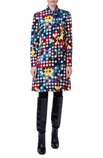 Akris Punto Tie Neck Diamond Polka-dot Crepe Dress In Blue Multi Colored