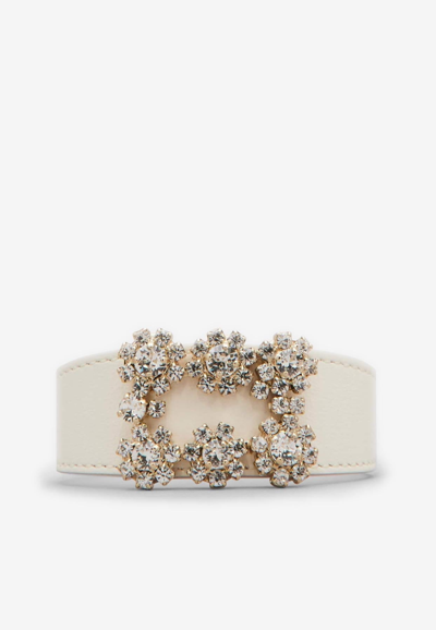 Roger Vivier Floral Crystal Buckle Bracelet In Leather In White