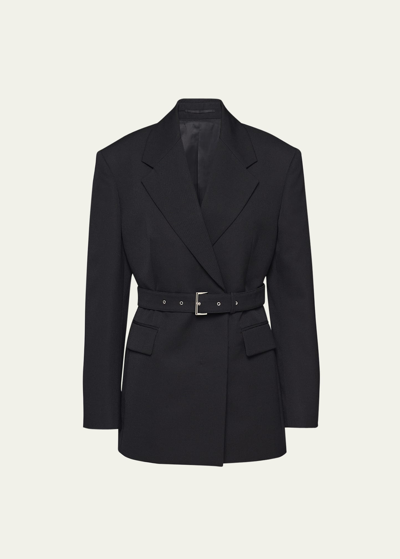 Prada Gabardine Belted Blazer In F0002 Nero