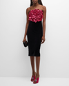 BADGLEY MISCHKA STRAPLESS SEQUIN ROSETTE & VELVET DRESS