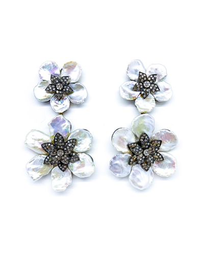 Arthur Marder Fine Jewelry Silver 1.76 Ct. Tw. Diamond & 13x9mm Pearl Flower Drop Earrings