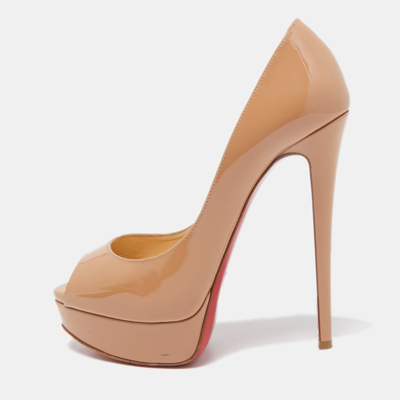 Pre-owned Christian Louboutin Beige Patent Leather Lady Peep Toe Platform Pumps Size 37