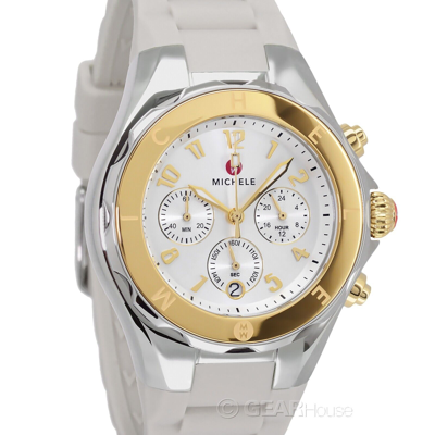 Pre-owned Michele Jelly Bean Womens Chronograph Watch, Silver Gold Dial, Gray Silicone