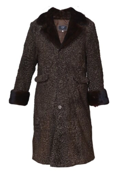 Pre-owned Handmade Brand Brown Real Persian Lamb Fur Long Coat Mink Fur Collar All Sizes Colors