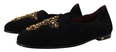 Pre-owned Dolce & Gabbana Shoes Black Suede Gold Cross Slip On Loafers Eu40 /us7 Rrp $1400