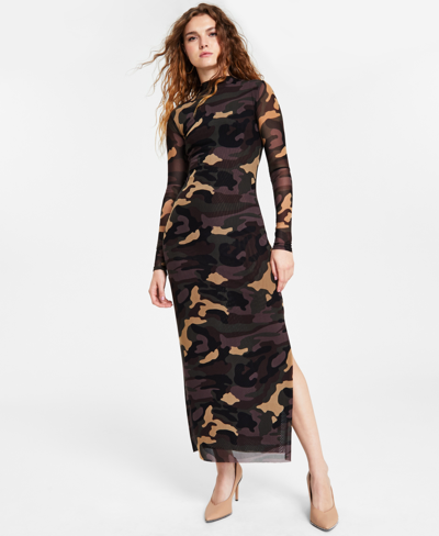 Bar Iii Plus Size Printed Mesh Mock-turtleneck Maxi Dress, Created For Macy's In Camilla Camo A