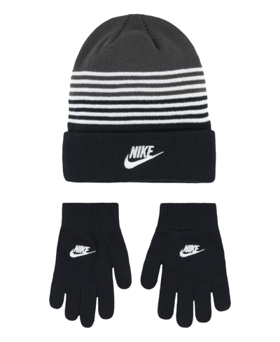 Nike Big Boys Striped Beanie And Gloves Set In Black