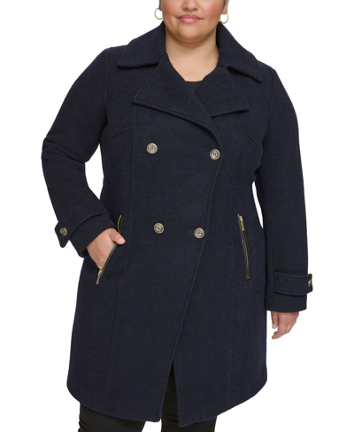 Guess Women's Plus Size Notched-collar Double-breasted Cutaway Coat In Navy