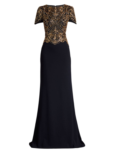 Tadashi Shoji Beaded A-line Crepe Gown In Gold Black