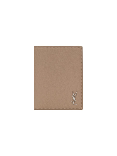 Saint Laurent Men's Tiny Cassandre Credit Card Wallet In Grained Leather In Brown