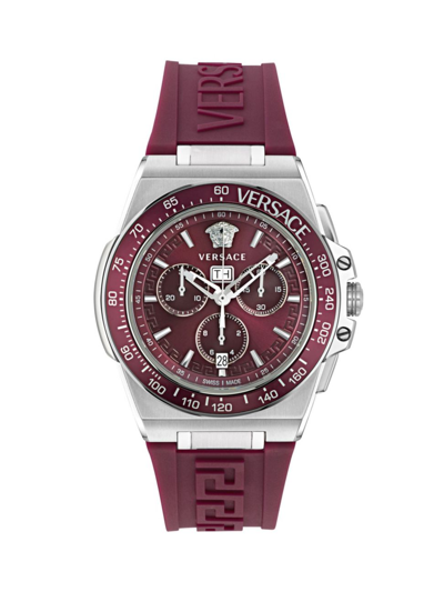 Versace Men's Swiss Chronograph Greca Extreme Burgundy Silicone Strap Watch 45mm In Maroon Steel