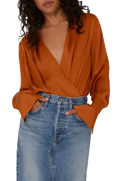 Favorite Daughter Surplice Long Sleeve Satin Bodysuit In Caramel