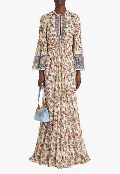 Etro Berry-print Flutter-sleeve Silk Gown In White