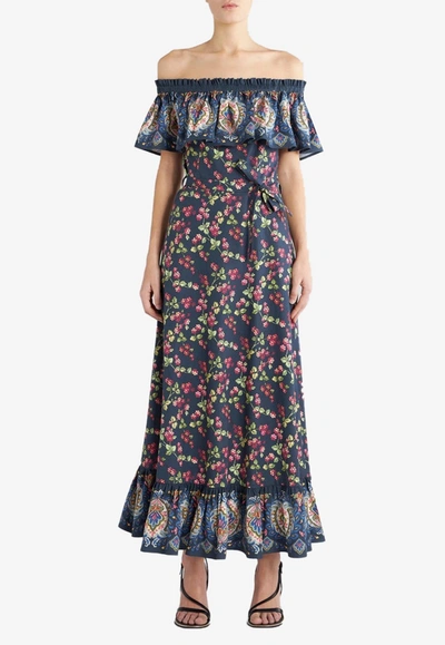 Etro Garden Party Off-shoulder Maxi Dress In Navy Blue